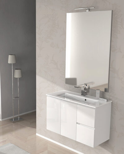 corpo bianco opaco/frontale in nero lucido con lavabo rubinetto e specchio LED Set completo di mobili da bagno La Costa 